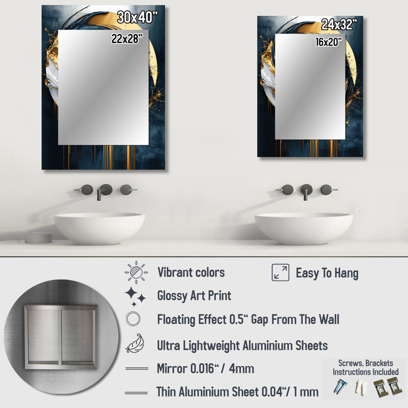 Black Gold Abstract Shapes And City - Abstract Shapes Wall Mirror, Gold Decorative Mirror, Printed Metal Art, 40" x 30"
