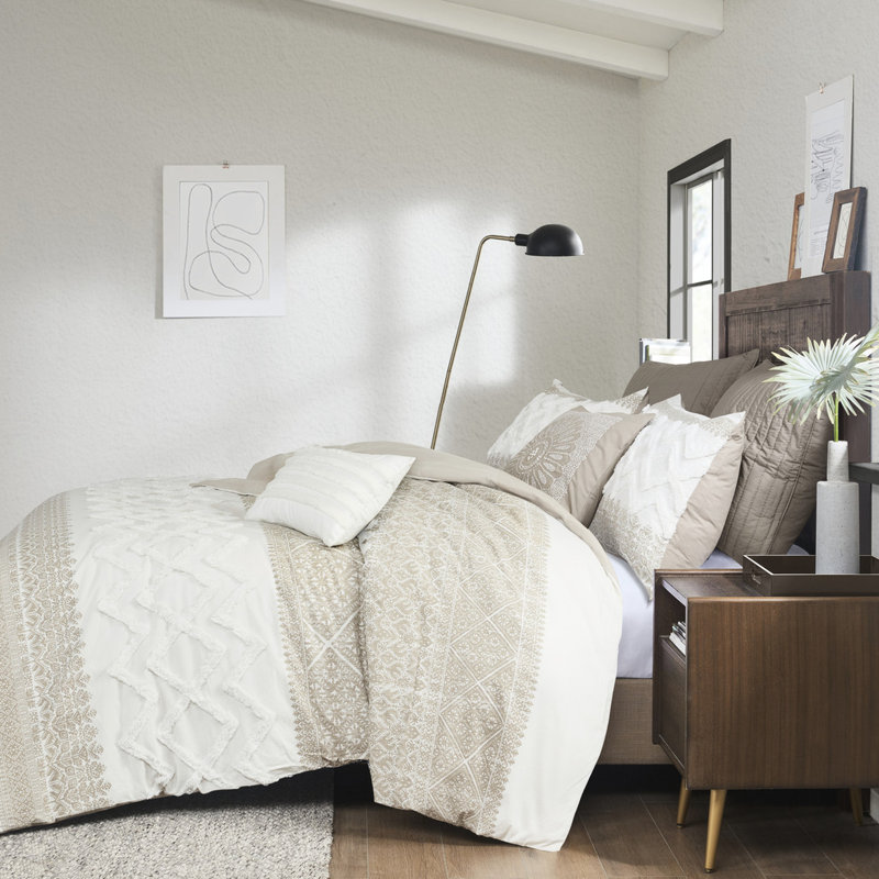 Housse de couette en coton 3 pièces double / grand, capitonnage en chenille, toucher, design, envers taupe, literie lavable pour lit double / grand, élégance, imprimé, machine