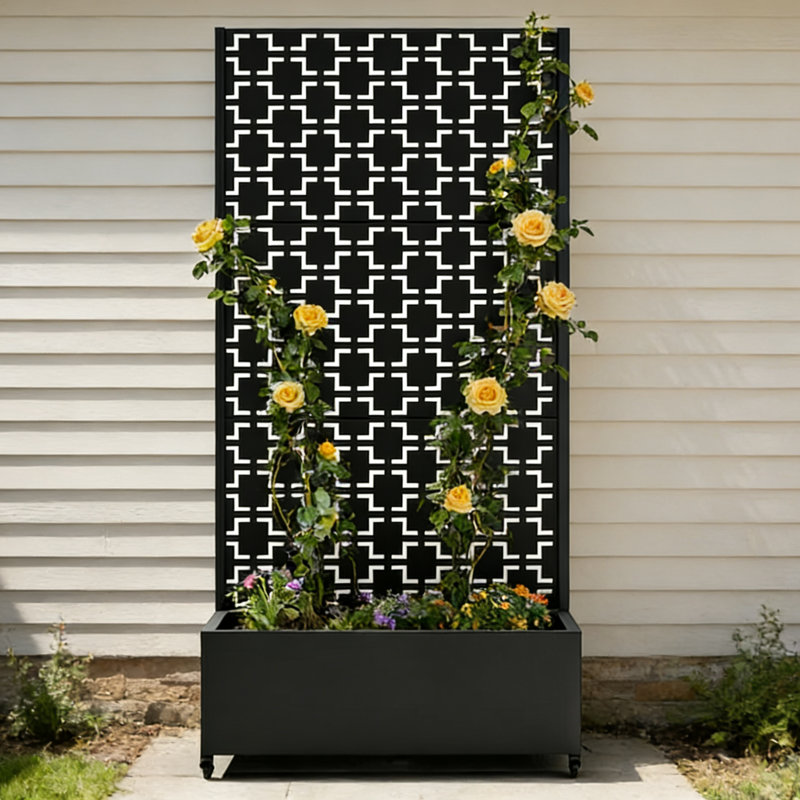 Metal Planter Wall with Trellis and Wheels, Mobile Outdoor Elevated Garden Bed, Dual-Purpose for Privacy Decoration and Planting, with Drainage Holes, Perfect for Climbing Plants, Vegetables, and Vining Flowers – A Must-Have for Garden Enthusiasts