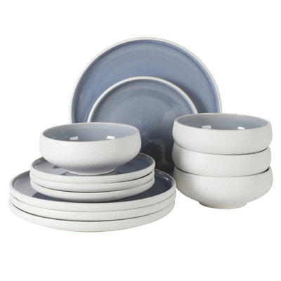 Ensemble d'assiettes et de bols de plage Gibson Elite Pacifco, ensembles de vaisselle en grès 12 pièces, ensemble de vaisselle en glacis réactif - bleu