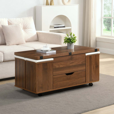 Table basse multifonctionnelle à plateau relevable avec rangement caché et tabourets, table centrale moderne multifonctionnelle avec 4 tabourets et roulettes, pour les espaces de vie modernes