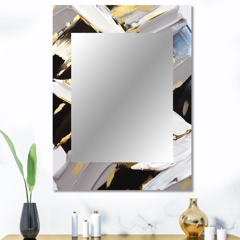 Wild Wave Bliss Abstract Gold White Black VII - Abstract Painting Wall Mirror, Modern Decorative Mirror, Printed Metal Art