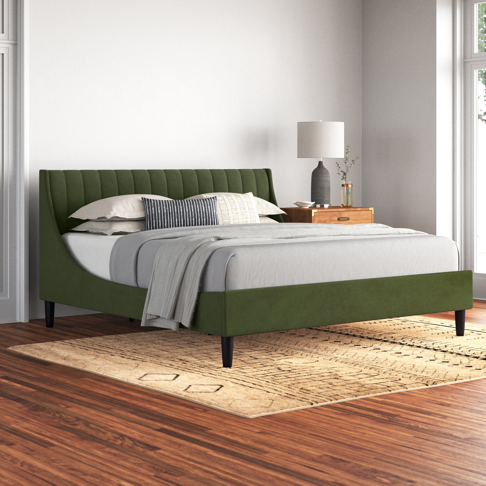 Helaina Velvet Upholstered Wingback Bed, King, Olive Green Velvet