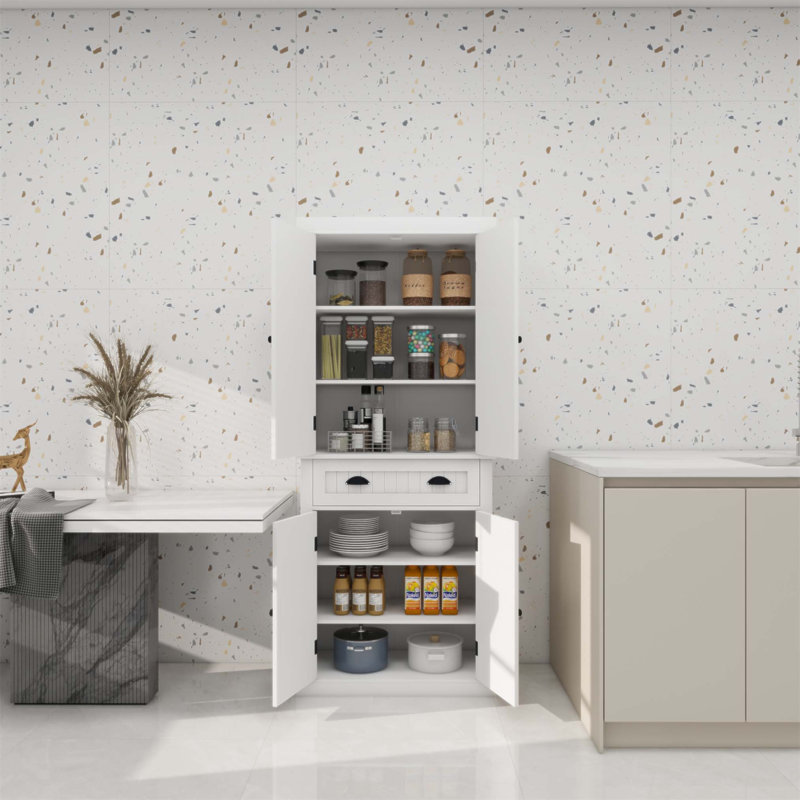 Élégant garde-manger de 71 pouces avec 4 portes, un tiroir et 2 tablettes réglables pour une organisation efficace