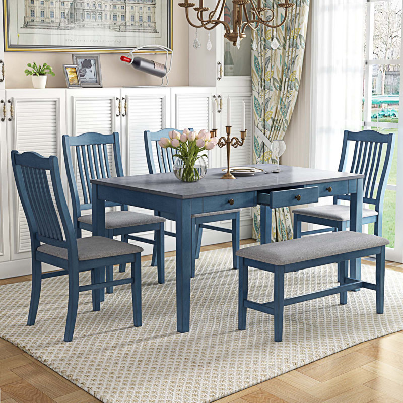Barnouski Four Leg Dining Set, Gray/Blue, Blue, Blue