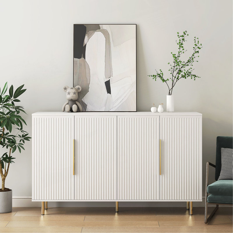 Buffet moderne avec rangement, grand buffet cannelé avec tablettes réglables, crédence, console d'appoint, Blanc
