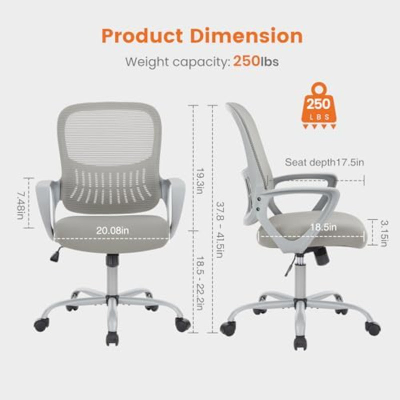 Fauteuil de direction de bureau à domicile, fauteuil ergonomique pivotant à dossier moyen en maille avec soutien lombaire confortable, accoudoirs confortables pour chambre à coucher, bureau, étudiant