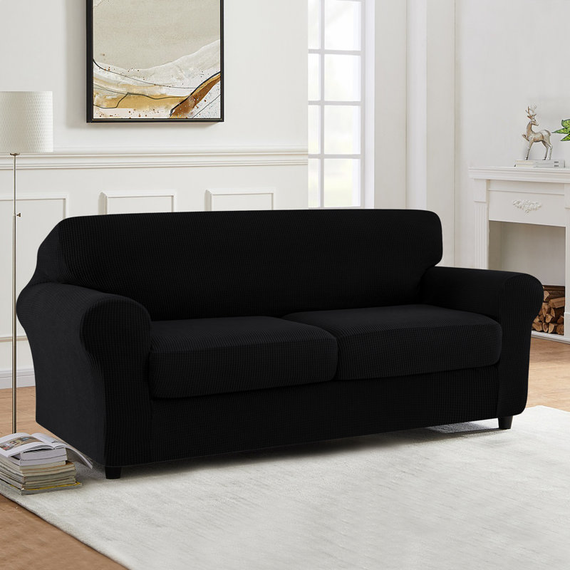 3 Piece Stretch Jacquard Couch Cover, Sofa Slipcover for 2 Cushion Couch, Machine Washable Furniture Protector(Loveseat, Black)