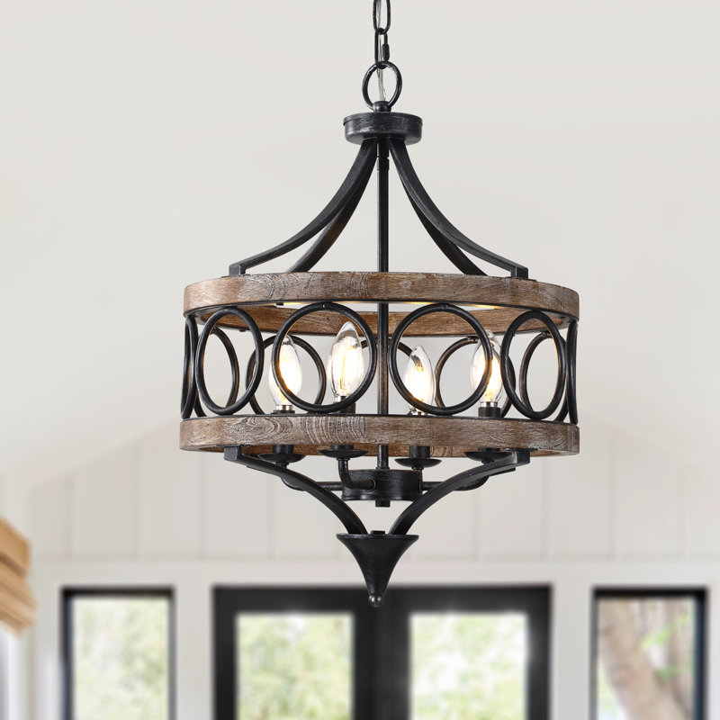16" Rustic Farmhouse Solid Wood Chandelier, 4-Light Pendant Light with 72" Adjustable Chain for Foyer, Dining Room, Living Room