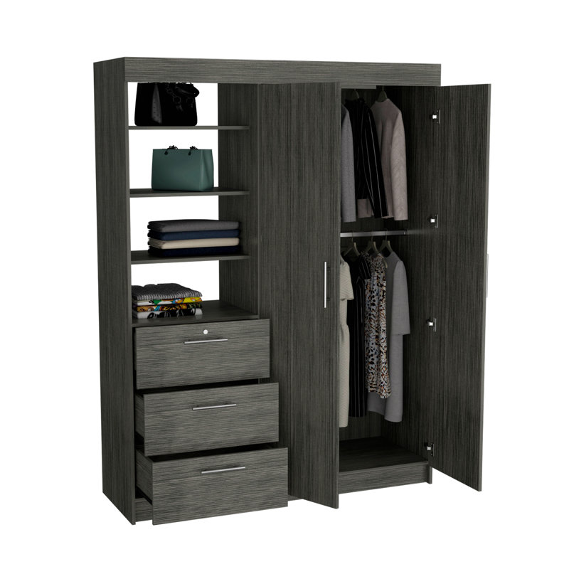 Armoire 3 tiroirs, double porte, tablette 3 niveaux Chêne fumé