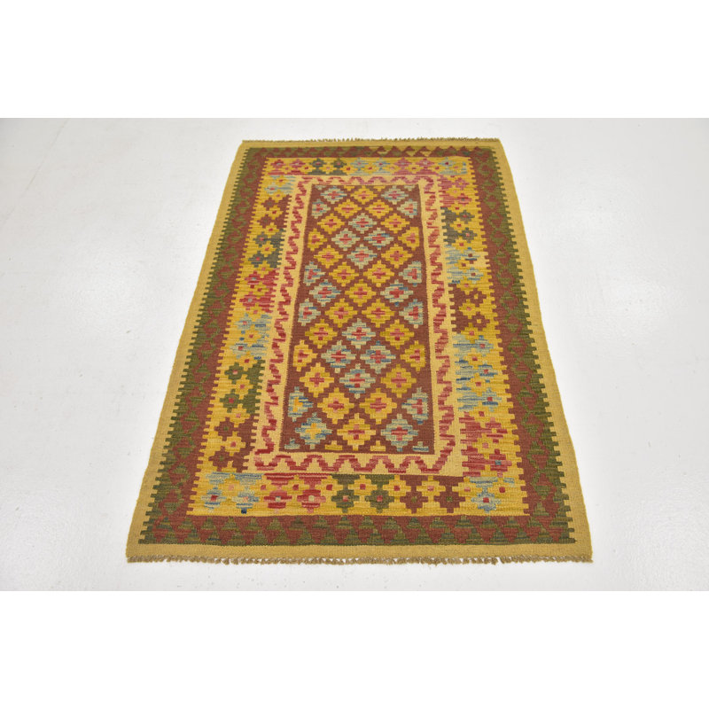 Tapis de zone en laine jaune/brun 3 pi x 4 pi 10 po one-of-kind à la main noué la Doorfield