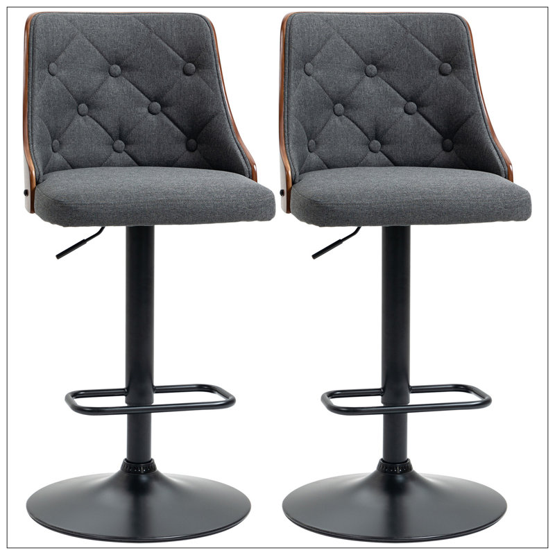 Ensemble de 2 tabourets de bar à hauteur de comptoir, tabourets pivotants réglables en hauteur avec repose-pieds et dossier capitonné, chaises de bar en tissu de lin, gris foncé