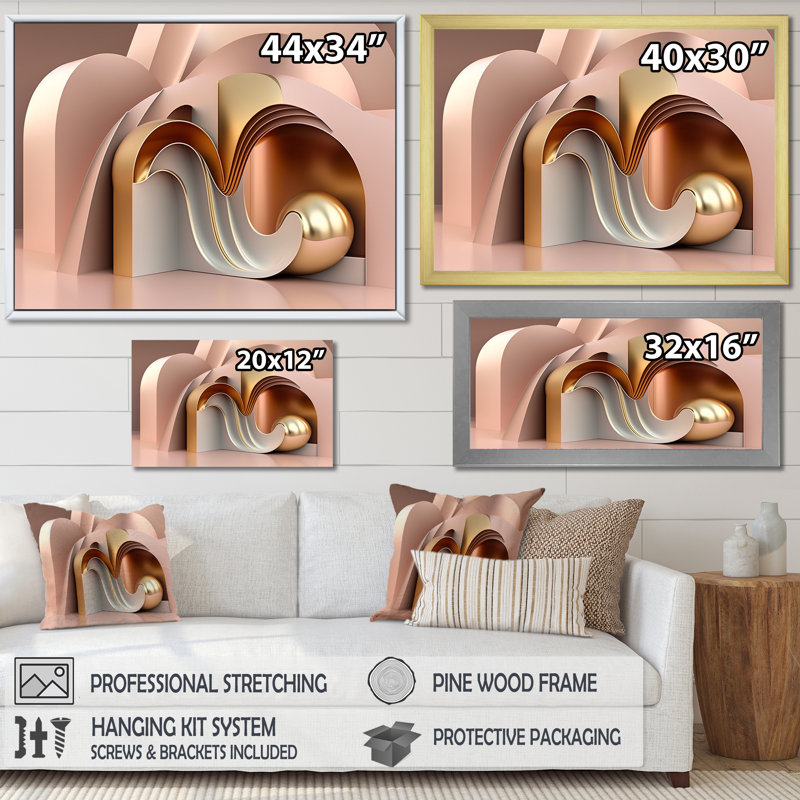 «Architectural Beauty in Minimal Pink Gold», reproduction sur toile, H 34 po x l 44 po x P 1,5 po, Cadre simple argenté