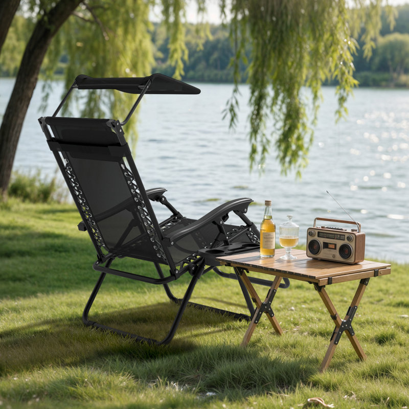 Zero Gravity Chair With Canopy Shade 330 Lb Capacity Adjustable Recliner Headrest For Outdoor Patio Or Beach, Black