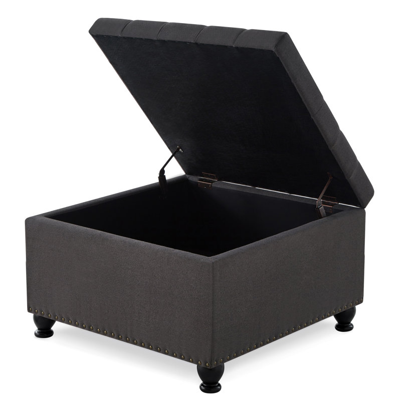 Elegant Button With Dark Grey Upholstery And Wood Legs Abundant Storage, For Living Area, Dark Gray