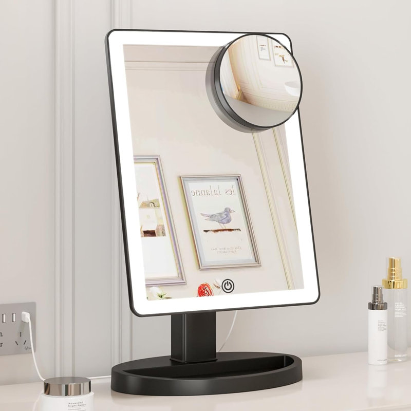 Black Larged LED Lighted 10X Magnifying Portable Tabletop Makeup Vanity Mirror, Black