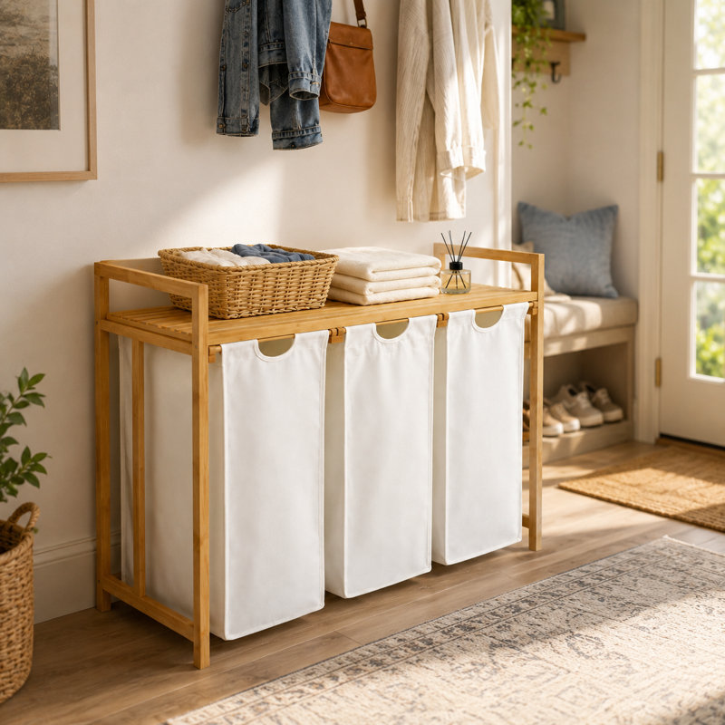 Panier à linge et tablette de rangement en bambou avec panier à linge à 3 compartiments, Blanc, 3 - 2 niveaux