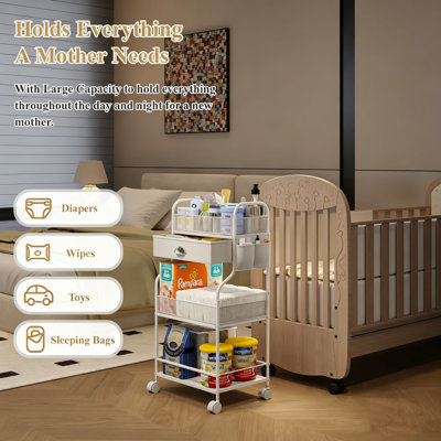 3-Tier Mobile Organizer Station with 2+1 Dividers and 1 Drawer, Rolling Storage Rack for Facial Tissues, Paper Towels, Toilet Rolls, and Household Paper Products, Suitable for Bedroom, Bathroom, or Vanity Corner.