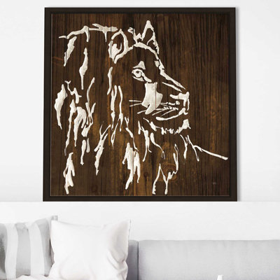 Lion blanc sur bois foncé - impression