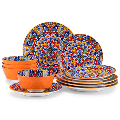 12 Piece Boho Chic Dinnerware Set For 4, Assorted 4 Vibrant Prints,Colorful Ceramic Plates & Bowls, Mix & Match Tableware