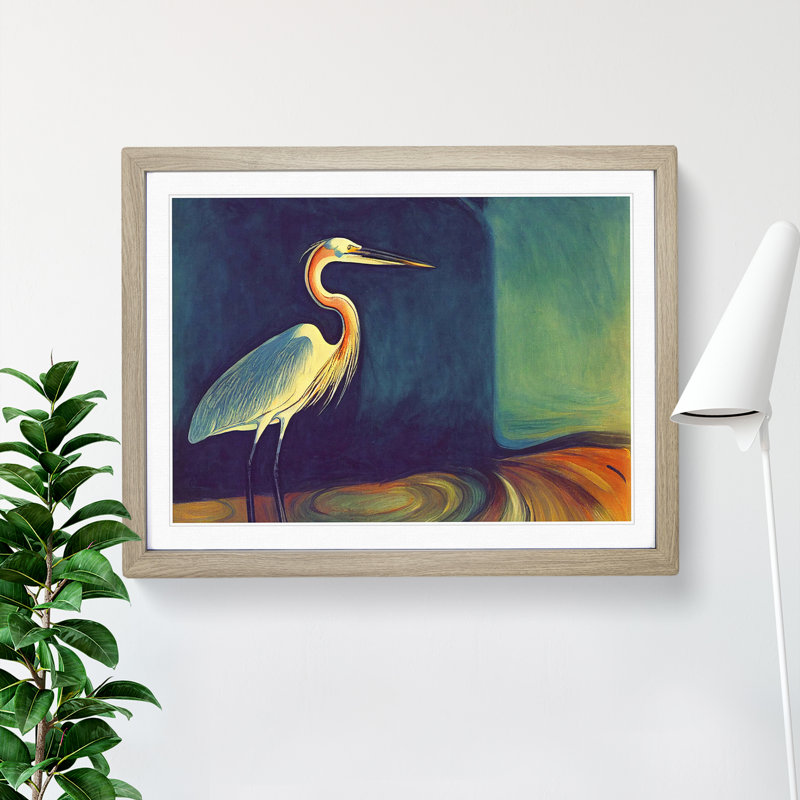XH1022-8901X The Classic Heron Bird 1 Piece Single Picture Frame Painting, 46cm H x 64cm W x 2cm D, Oak