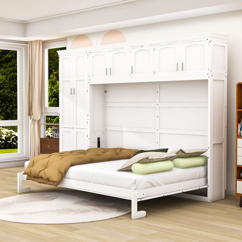 Grand lit escamotable en bois Devonae avec rangement intégré pour les petits espaces et les chambres d'amis, Blanc
