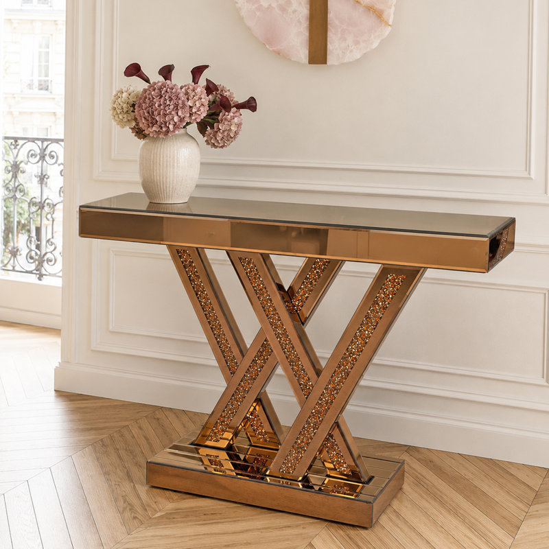 Console de vestibule moderne avec incrustation de diamant concassé et miroir en verre brun pour le vestibule, tables décoratives Glam pour le salon
