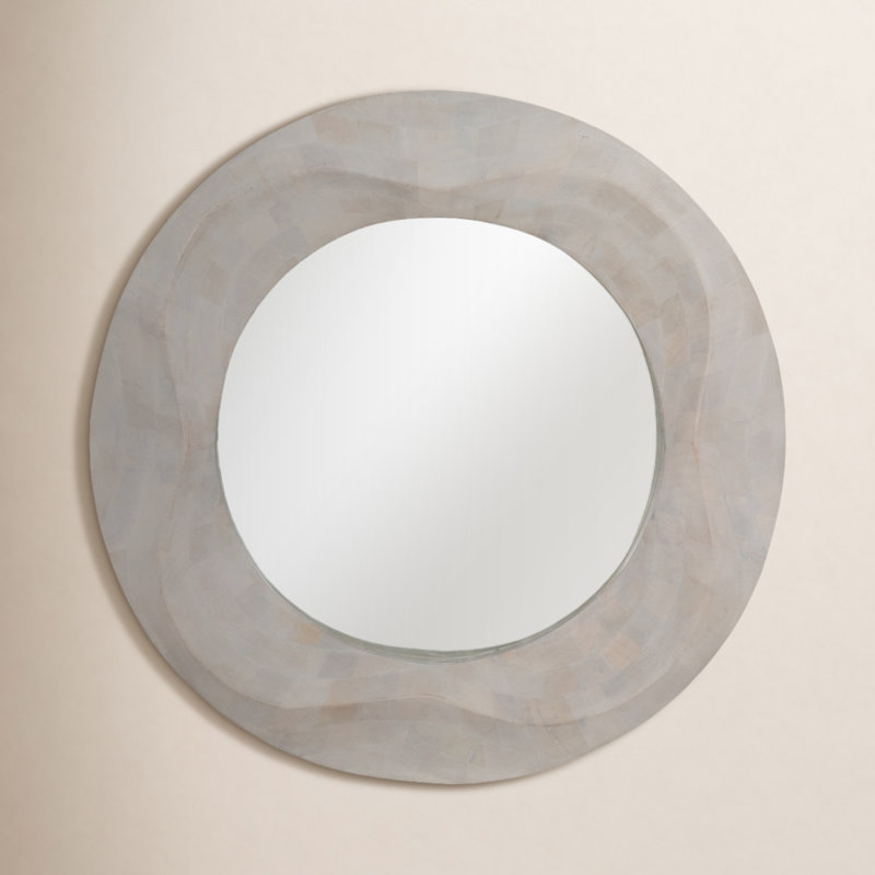 36"x36" Cailen Textured Round Wooden Mirror, Whitewash Finish, Perfect Reflection for Home Decor
