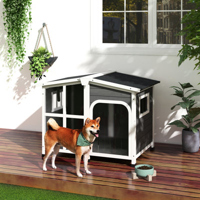 Abri pour chien en bois pour grands chiens - style chalet avec toit ouvrant et grande fenêtre, gris, avec eau, pouvant accueillir jusqu'à 66 lb