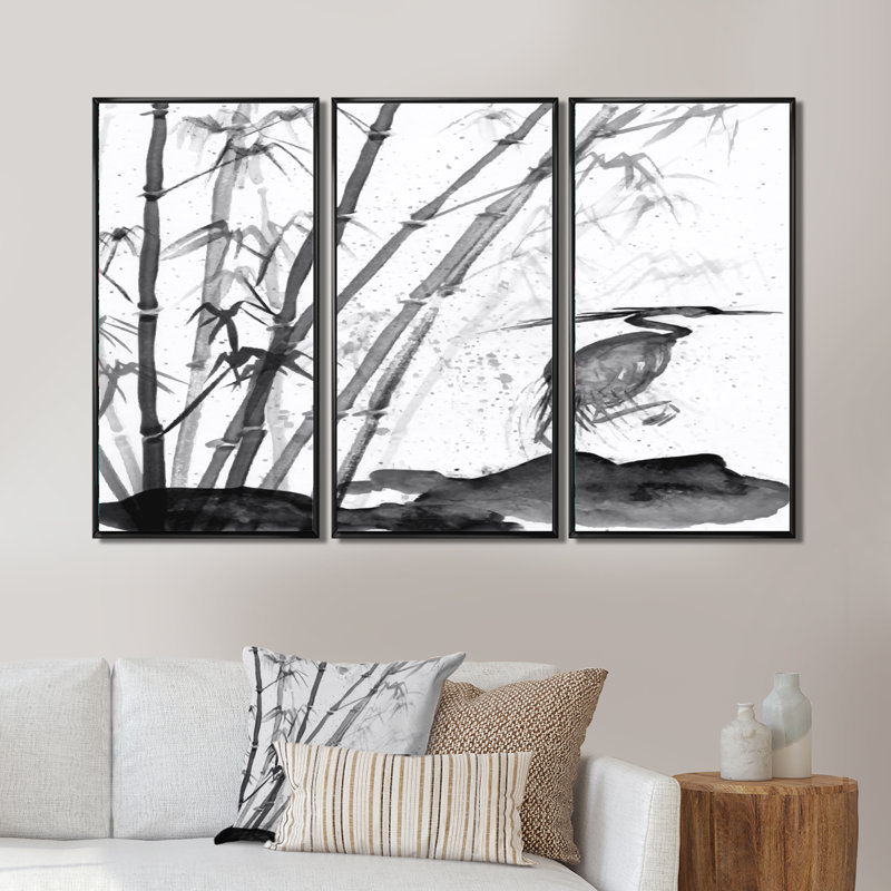 Monon héron et bambou - ensemble de 3 impressions sur toile flottante, H 28 po x l 36 po x P 1 po, Cadre noir