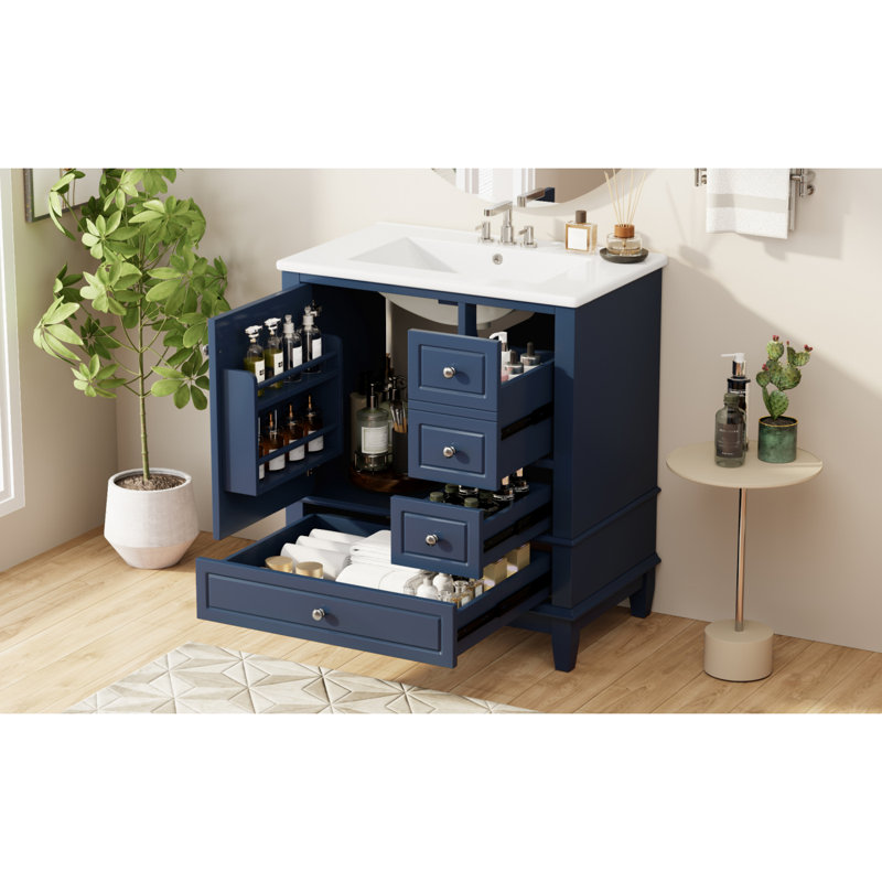 Bathroom Vanity With Sink/ One Door With Shelf And Three Drawers/ Door/Bathroom Vanity Cabinet, Blue