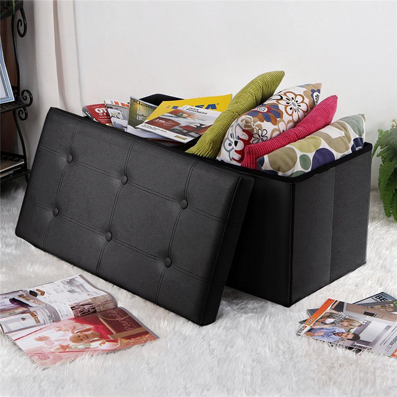Repose-pieds rectangulaire en similicuir avec rangement 30,7 po, Similicuir noir