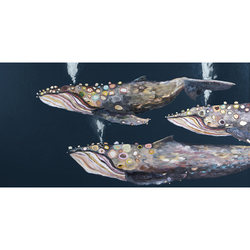 «Humpback Whale Pod on Indigo» par Eli Halpin - reproduction d'art sur toile tendue, H 24 po x l 48 po