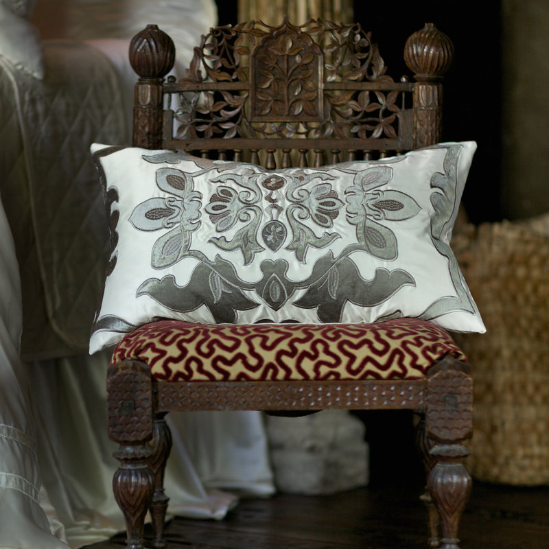 Ivory and Silver Appliqued Rectangular Throw Pillow