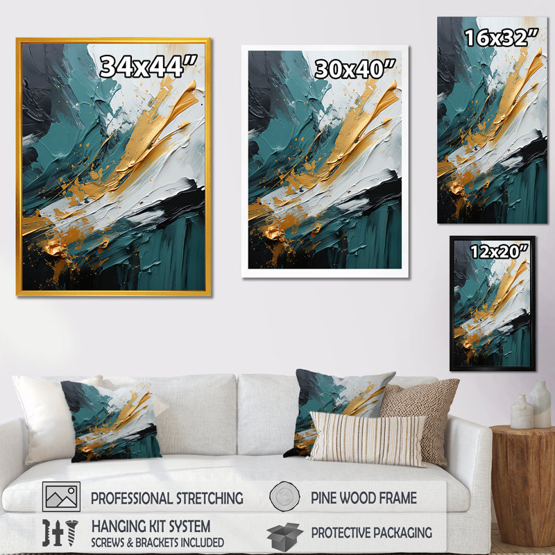 Or et vert cascade de marbre blanc VI - art mural abstrait, Cadre flottant noir, H 20 po x l 12 po x P 1 po