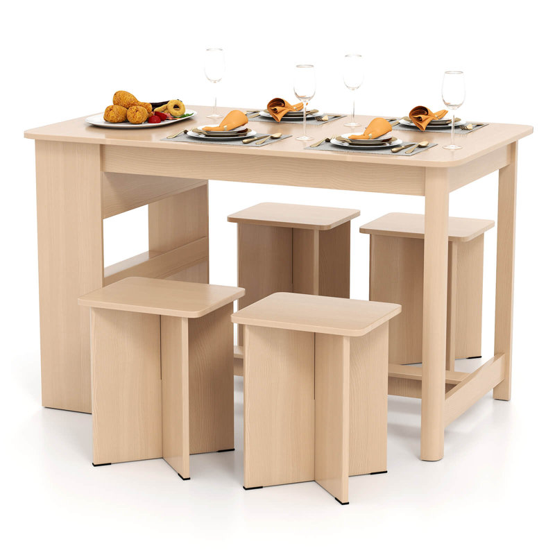 5 Pcs Dining Table Set With Storage Shelf Rectangular Kitchen Table With 4 Stools, Beige