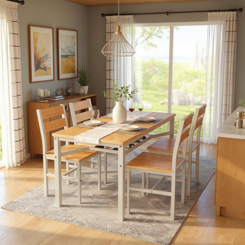  5-Piece Dining Table Set For 4 With Storage Rack, Farmhouse Wood Kitchen Table & Chairs Set With Metal Frame, Dining Room Table With 4 Curved Chairs For Breakfast Nook, Apartment