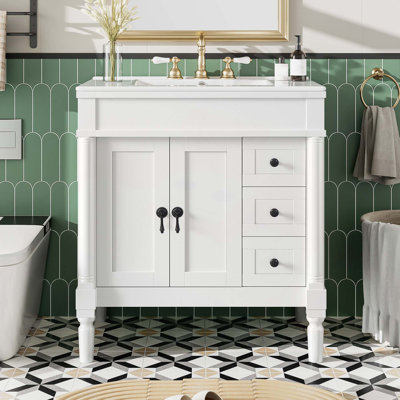 Meuble-lavabo moderne de 30 pouces avec structure en bois massif, panneau de fibres à densité moyenne, conception à fermeture en douceur, tablette réglable en forme de U et lavabo en céramique pour un rangement élégant