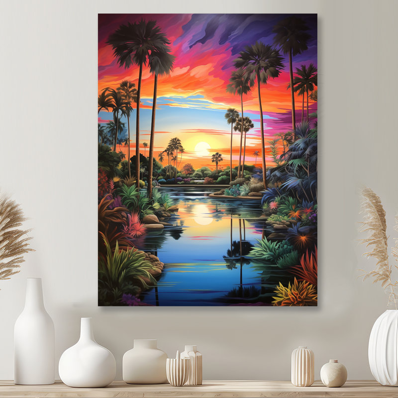 Coucher de soleil sur une oasis tropicale avec palmiers - art mural de rivière, salon, Métal métal