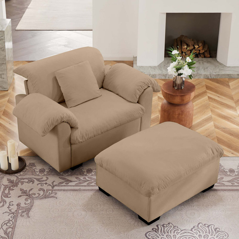 Fauteuil de rangement en velours à assise profonde avec coussins, dossier et repose-pieds moelleux, Tanné