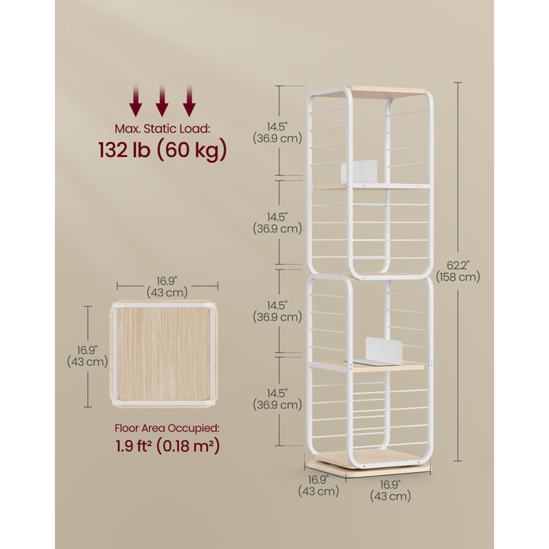 4-Tier Rotating Bookshelf, Bookcase With Bookends For Small Spaces, Corner Shelf, Steel Frame, White