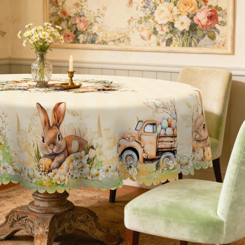 Vintage Easter Bunny Tablecloth - Plaid & Floral Wreath Printed Fabric Cover, Reusable Round/Rectangular Tablecloth for Easter Brunch, Spring Gatherings | Decorative Scalloped-Edge Tablecloth with Bunny & Egg Design, Fits Dining Tables