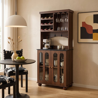 67.7'' H Retro Walnut Coffee Bar Cabinet with Built-In Power Outlets, Tempered Glass Doors & Solid Wood Legs