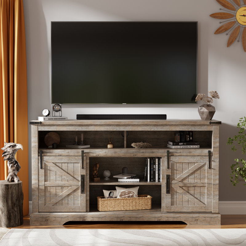 TV Stand For Tvs Up To 65" With 2 Sliding Barn Doors, Light Rustic Oak