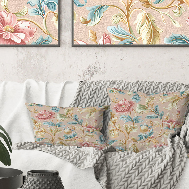 Coussin Boho rose, rose et bleu, H 16 po x l 16 po, Carrée