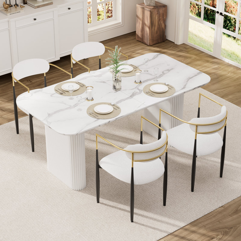 Ensemble de table de salle à manger Marble, Blanc, Beige, 5 pièces: table, 4 chaises