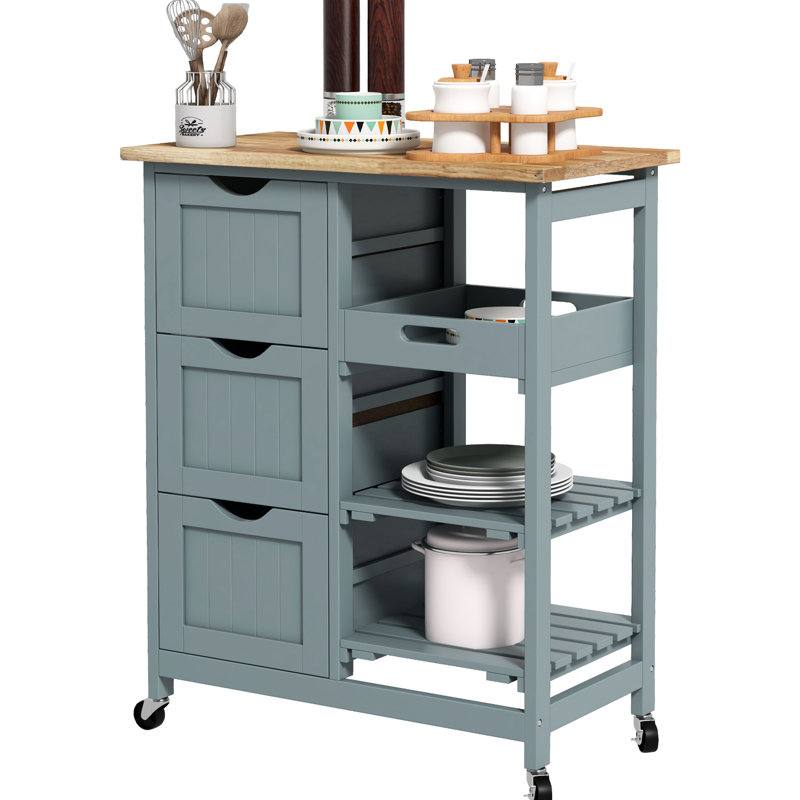 Rolling Kitchen Island Cart, Bar Serving Cart, Compact Trolley On Wheels With Wood Top, Shelves & Drawers For Home Dining Area
