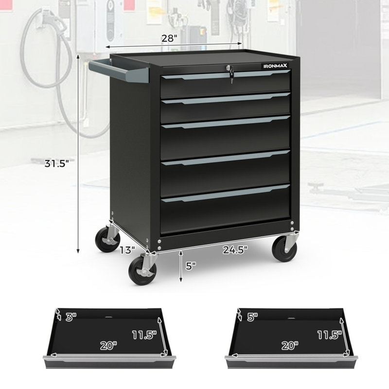 Armoire à outils roulante de 28 pouces à 5 tiroirs avec serrure à clé et trous de suspension