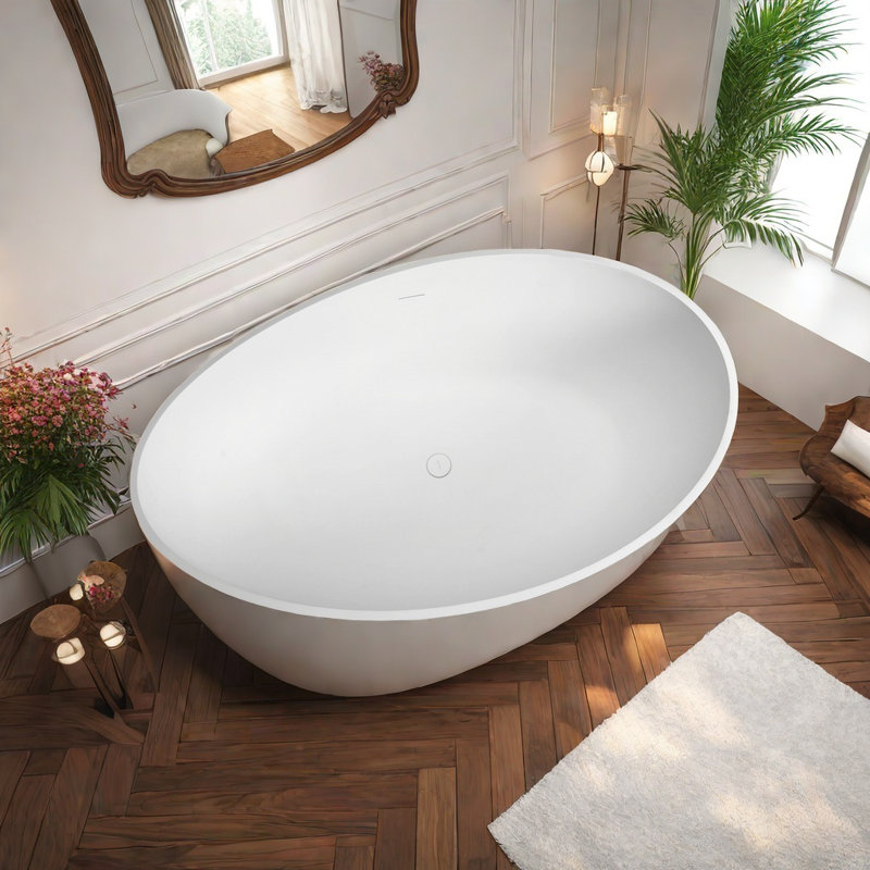 Baignoire autoportante en pierre blanche matte, baignoire de trempage à surface solide de 63 po avec capacité de 61 gallons, conception ergonomique, trop-plein efficace pour spa de salle de bain