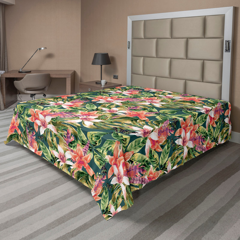 Drap plat Ambesonne, Drap plat de taille double, Dark Coral Green Floral